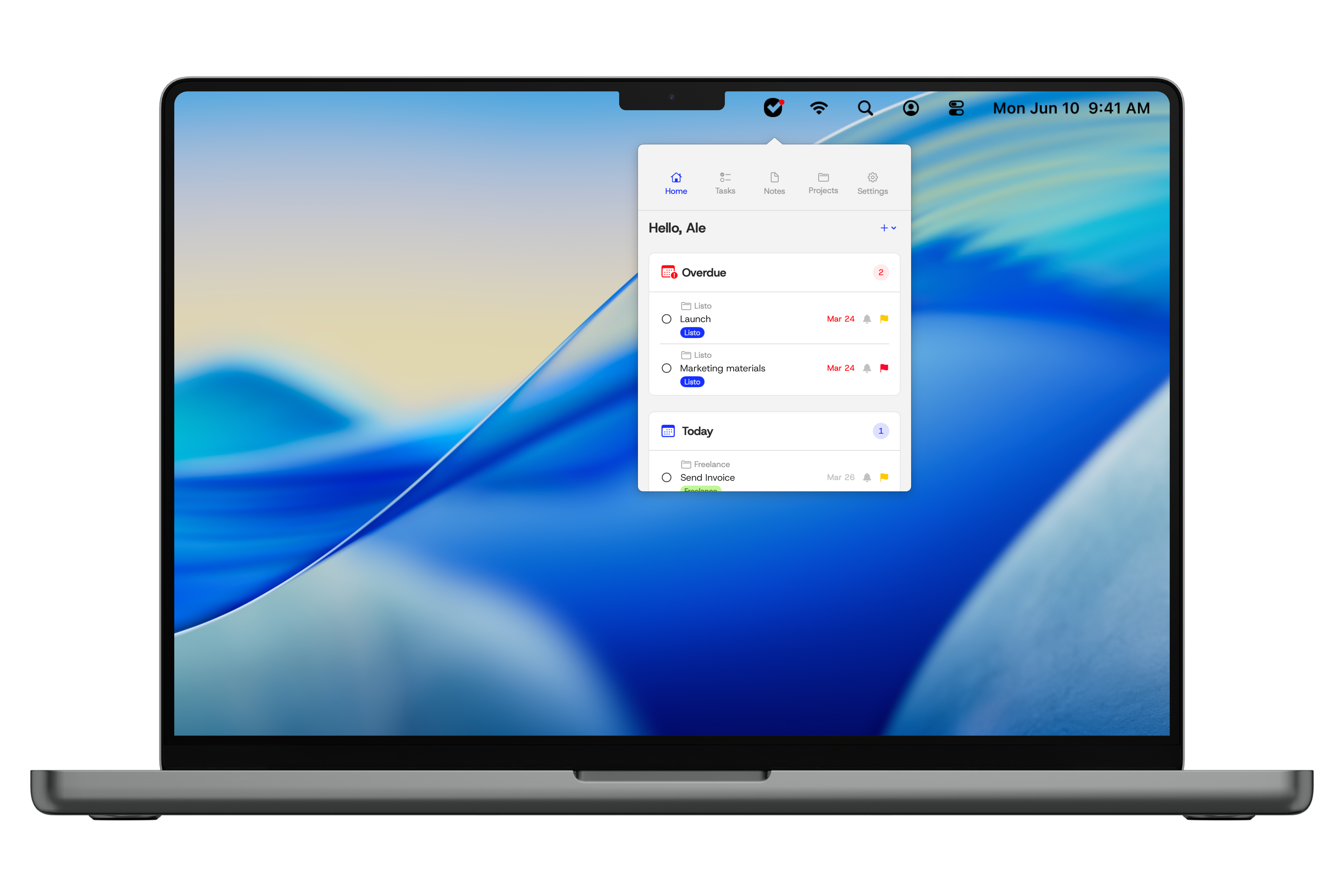 Listo’s Home panel open from the menu bar on a MacBook.